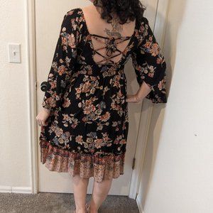 Angie Black Floral Boho Dress with Open Corset Back